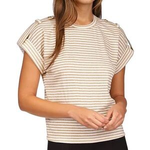 MICHAEL Michael Kors Knit Striped Print Shoulder Snap Epaulette Tee Shirt Size M